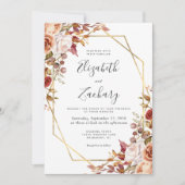 Watercolor Fall Floral Gold QR Code Wedding 招待状 (正面)