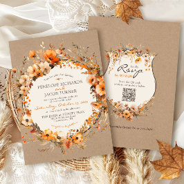 Watercolor Fall Floral Rustic Kraft Autumn Wedding 招待状