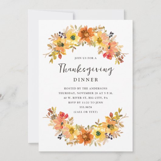 Watercolor Fall Floral Thanksgiving Dinner 招待状 (正面)