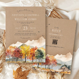 Watercolor Fall Tree Mountain Rustic Kraft Wedding 招待状