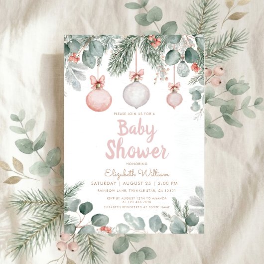 Watercolor fancy floral bow pink baby shower 招待状