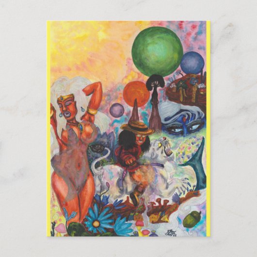 Watercolor Fantasy Eros rides white Lioness Woman ポストカード (正面)