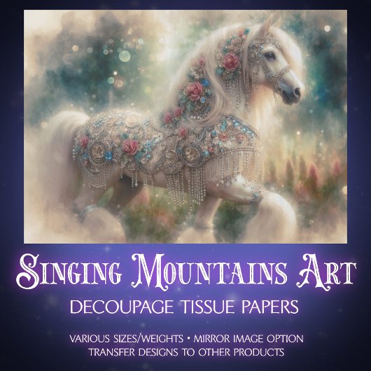 Watercolor Fantasy Floral White Horse Decoupage 薄葉紙