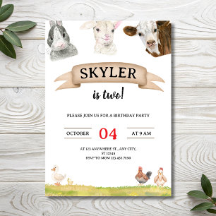 Watercolor Farm Friends Skylerは2歳の誕生日 招待状