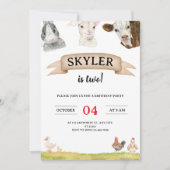 Watercolor Farm Friends Skylerは2歳の誕生日 招待状 (正面)