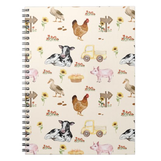 Watercolor Farm Scene Seamless Pattern ノートブック (正面)