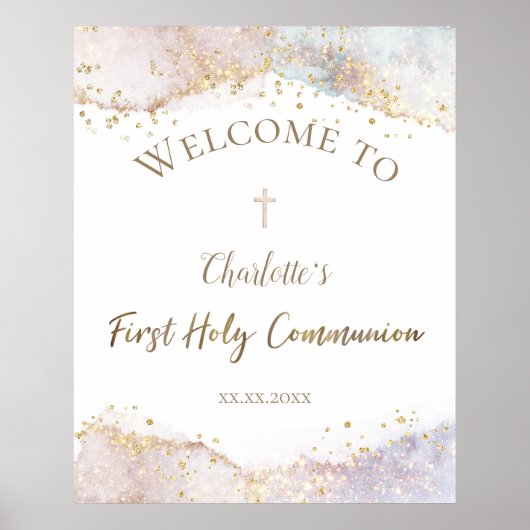watercolor faux glitter First Communion welcome  ポスター (正面)