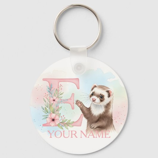 Watercolor Ferret with Floral Letter E Monogram キーホルダー (正面)