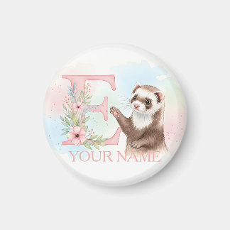 Watercolor Ferret with Floral Letter E Monogram マグネット