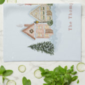 Watercolor Festive Christmas Village & Family Name キッチンタオル (折り畳み)