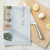 Watercolor Festive Christmas Village & Family Name キッチンタオル (四つ折り)