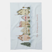 Watercolor Festive Christmas Village & Family Name キッチンタオル (縦)