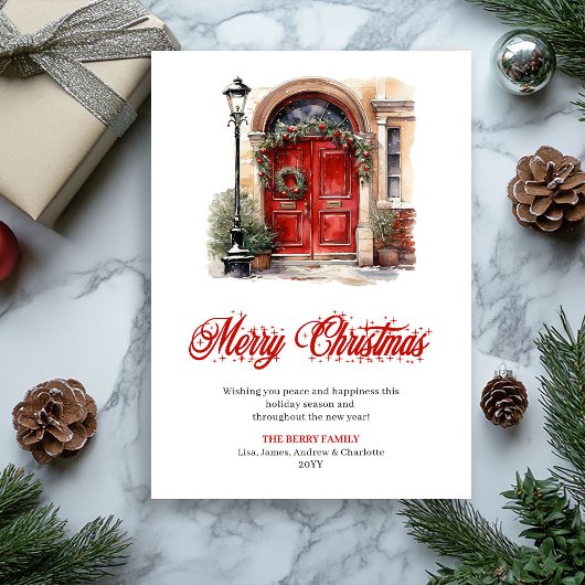 Watercolor festive red Christmas door greeting シーズンカード