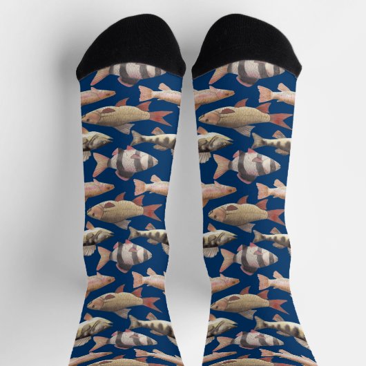 Watercolor fish pattern on dark blue ソックス (上部)