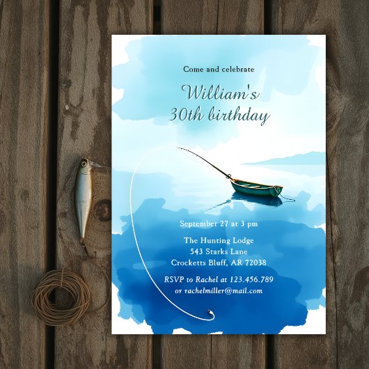 Watercolor Fishing Boat 30th Birthday Party 招待状