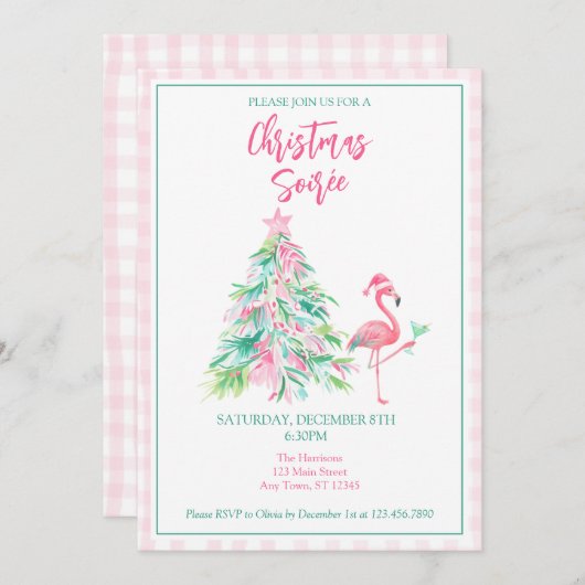 Watercolor Flamingo Christmas Soirée Invitation 招待状 (正面/裏面)