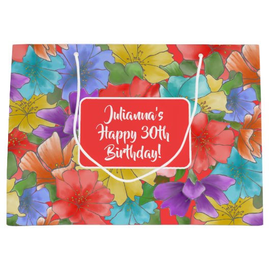 Watercolor Floral 30th Birthday ラージペーパーバッグ (正面)