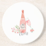 Watercolor Floral and Rose Wine design.  コースター<br><div class="desc">The watercolor pattern features beautiful pink petals and rose flowers, creating a girlish and pretty floral design. The design highlights the theme of brunch and fancy cocktails, with a bottle of rose wine and sparkling wine glass in bubbly pink hues. pretty watercolor floral, rose wine, brunch, bubbly pink, watercolor rose...</div>