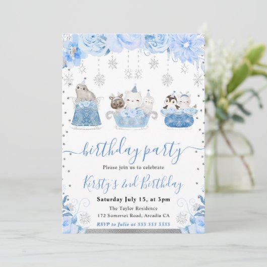 Watercolor Floral Arctic Animals Birthday 招待状 (スタンド正面)