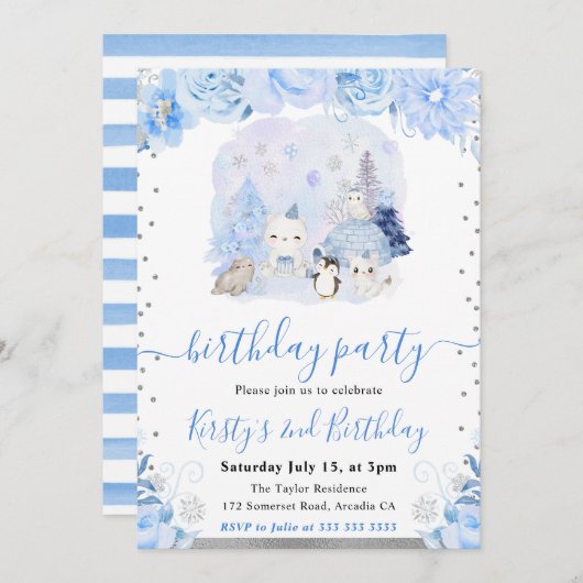 Watercolor Floral Arctic Animals Kids Birthday 招待状 (正面/裏面)