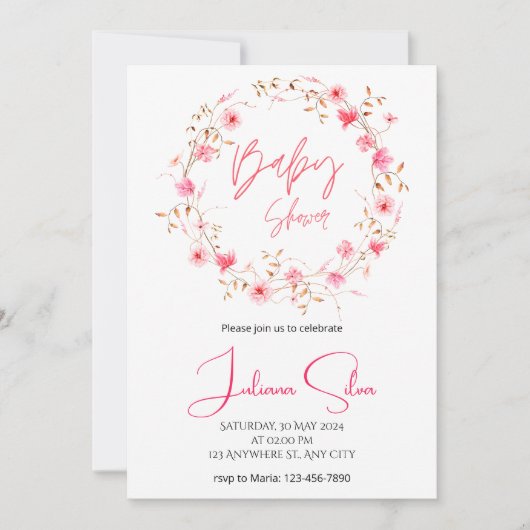 Watercolor Floral Baby Shower  招待状 (正面)