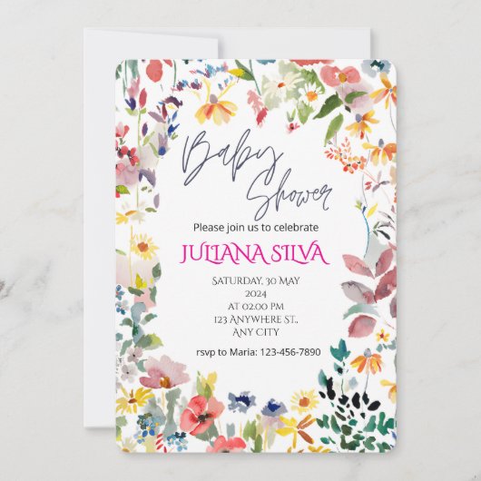 Watercolor Floral Baby Shower  招待状 (正面)
