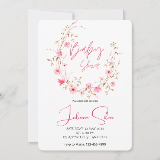 Watercolor Floral Baby Shower  招待状 (正面)