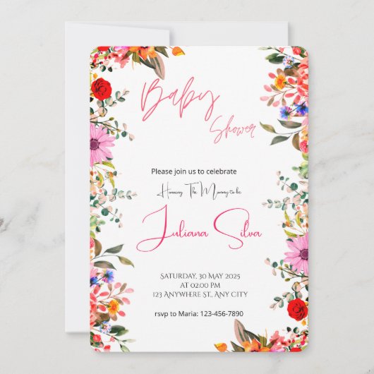 Watercolor Floral Baby Shower  招待状 (正面)