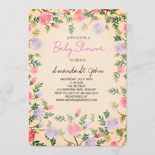 Watercolor Floral Baby Shower Invitation 招待状 (正面)