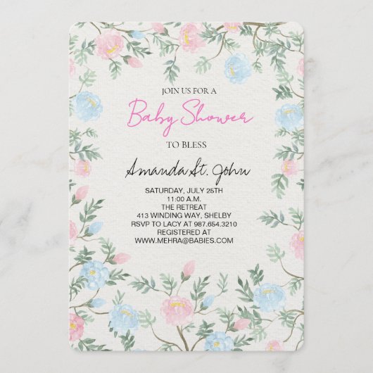 Watercolor Floral Baby Shower Invitation 招待状 (正面)
