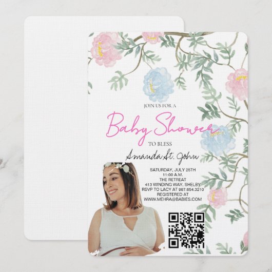 Watercolor Floral Baby Shower Invitation 招待状 (正面/裏面)