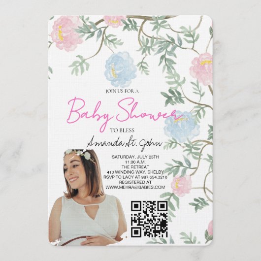 Watercolor Floral Baby Shower Invitation 招待状 (正面)