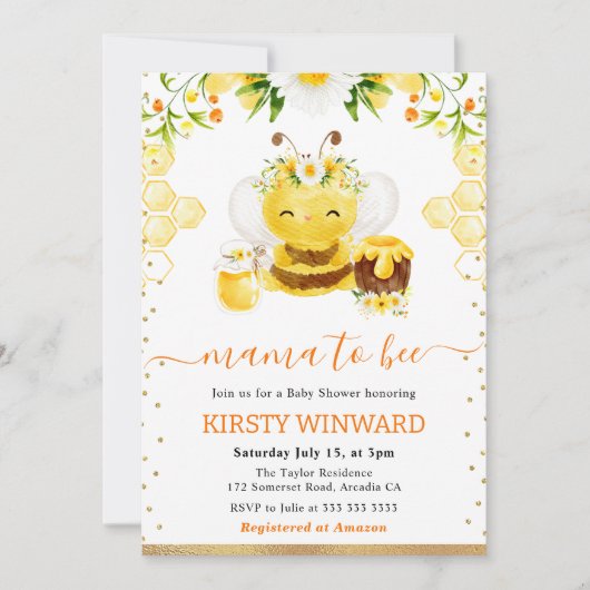 Watercolor Floral Bee Baby Shower 招待状 (正面)