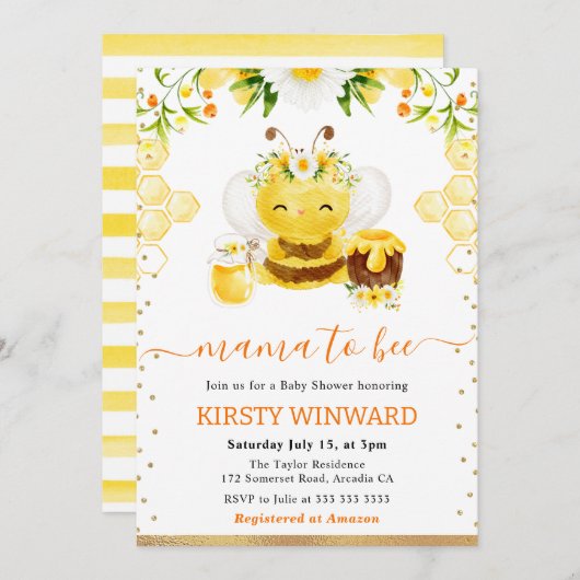 Watercolor Floral Bee Baby Shower 招待状 (正面/裏面)