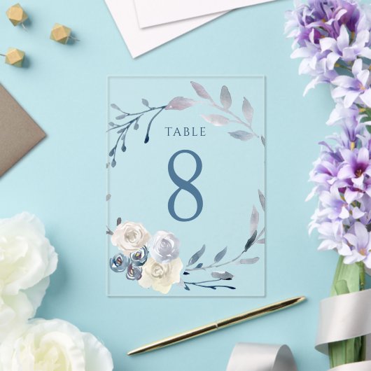 watercolor floral blue wreath Table Number 8 アクリル招待状 (インサイチュ (ウェディング))