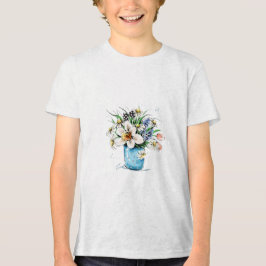 watercolor floral bouquet in blue wase トライブレンドTシャツ