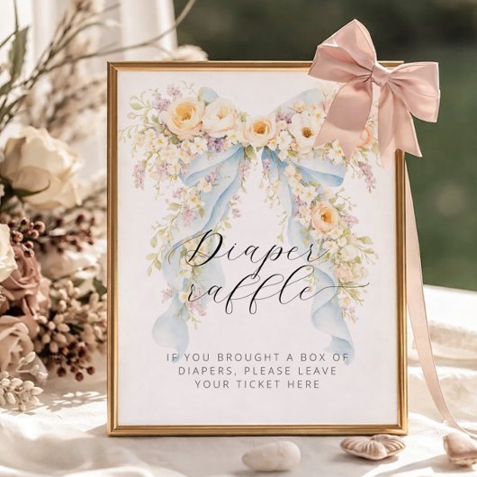 Watercolor Floral Bow Baby Shower Diaper Raffle ポスター