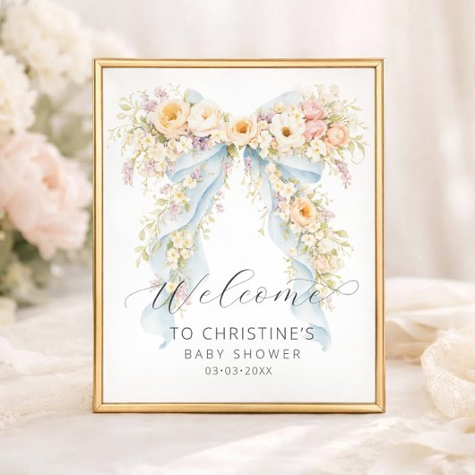 Watercolor Floral Bow Baby Shower Welcome ポスター