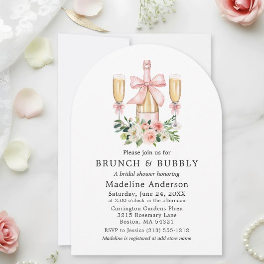 Watercolor Floral Bridal Shower Brunch Pink Bow 招待状