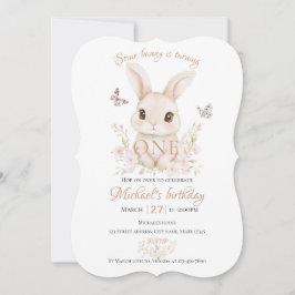 Watercolor Floral Bunny Girl First Birthday Invite 招待状