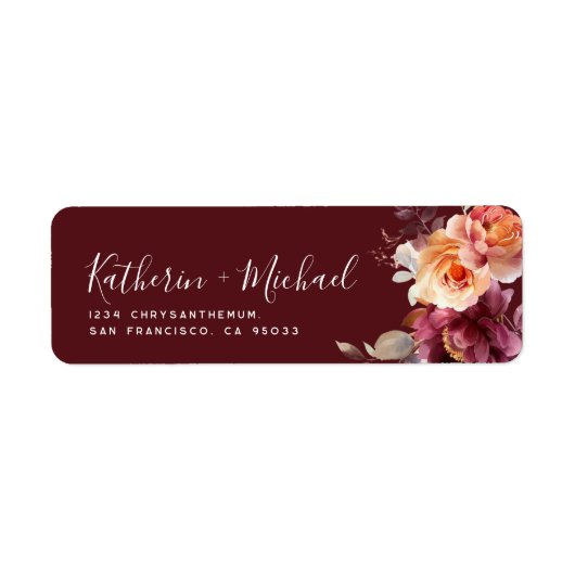 Watercolor Floral Burgundy Wedding Address ラベル (正面)