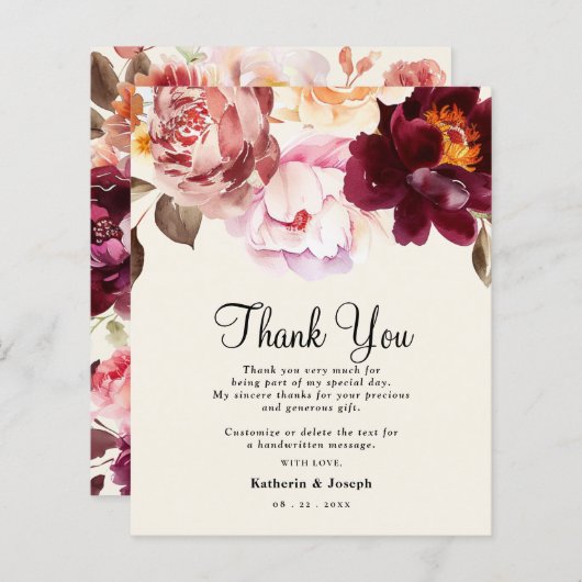 Watercolor Floral Burgundy Wedding Thank You Card (正面/裏面)