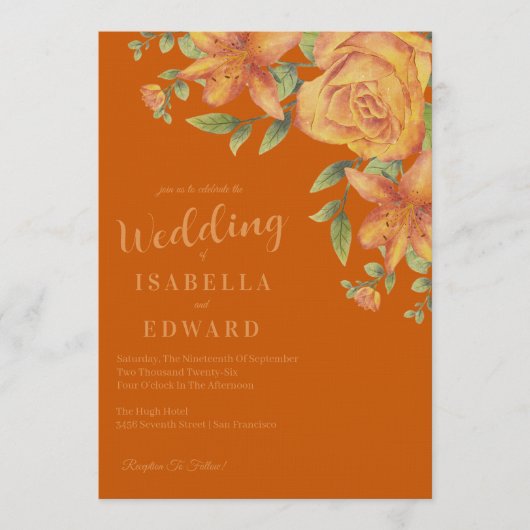 Watercolor Floral Burnt Orange Wedding 招待状 (正面)