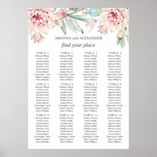 Watercolor floral cactus. Wedding seating chart ポスター (正面)