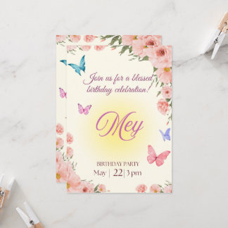 Watercolor Floral Christian Birthday Invitation  招待状