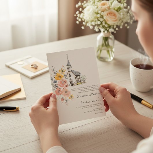 Watercolor Floral Church Wedding Invitation 招待状