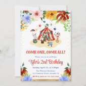 Watercolor Floral Circus Animals Birthday Party 招待状 (正面)