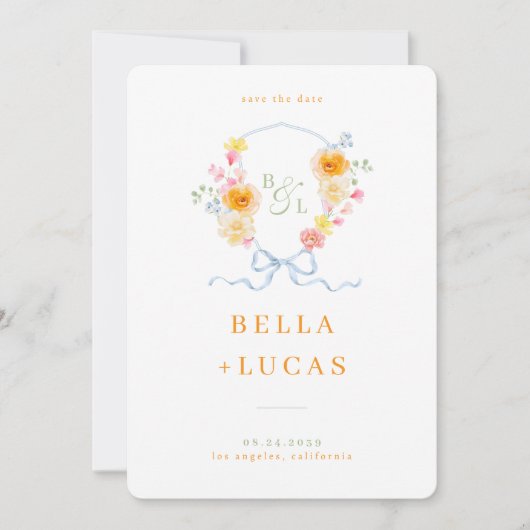 Watercolor Floral Crest Monogram Spring Wedding セーブザデート (正面)