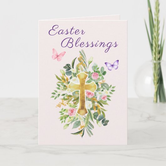 Watercolor Floral Cross Easter Blessings Scripture シーズンカード (正面)