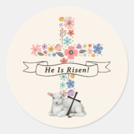 Watercolor Floral Cross He Is Risen Easter ラウンドシール